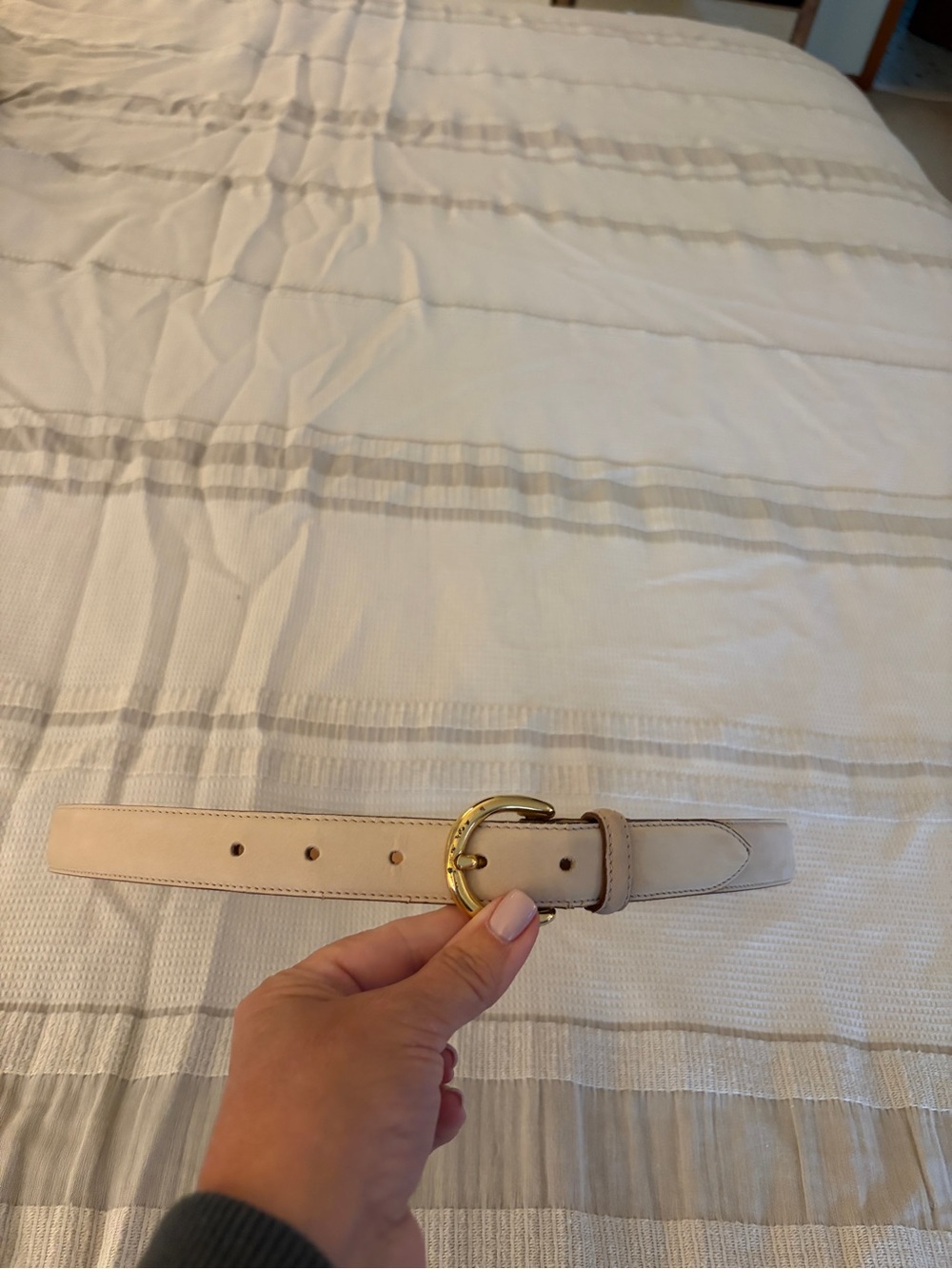 Off white Leather Belt with Gold Buckle - Women's Accessory